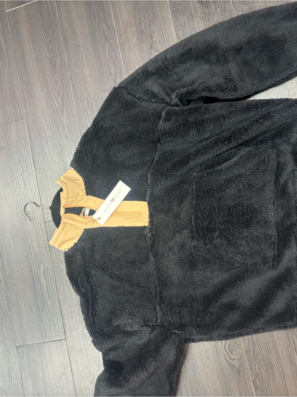Woven Heart Black Teddy Jacket with Tan Zip Collar